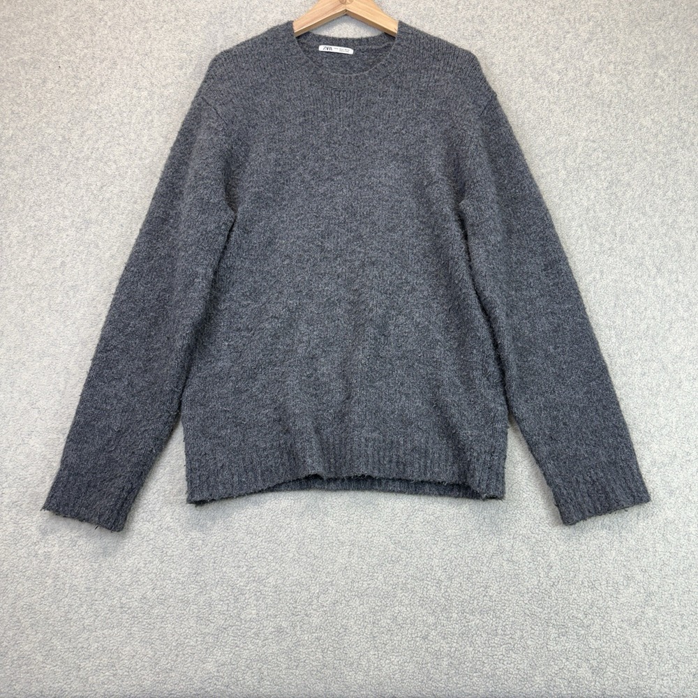 Zara Men's M Charcoal Gray Fuzzy Knit Crewneck Pullover Sweater